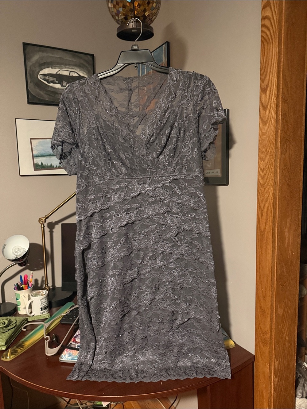 MARINA Gray Lace V-Neck Short Sleeve Dress